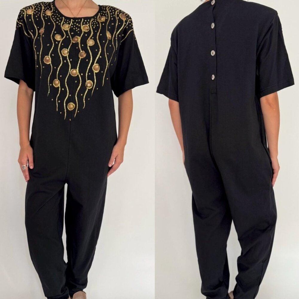 80s black embellished glitter seashell vacation cotton pant jumpsuit romper